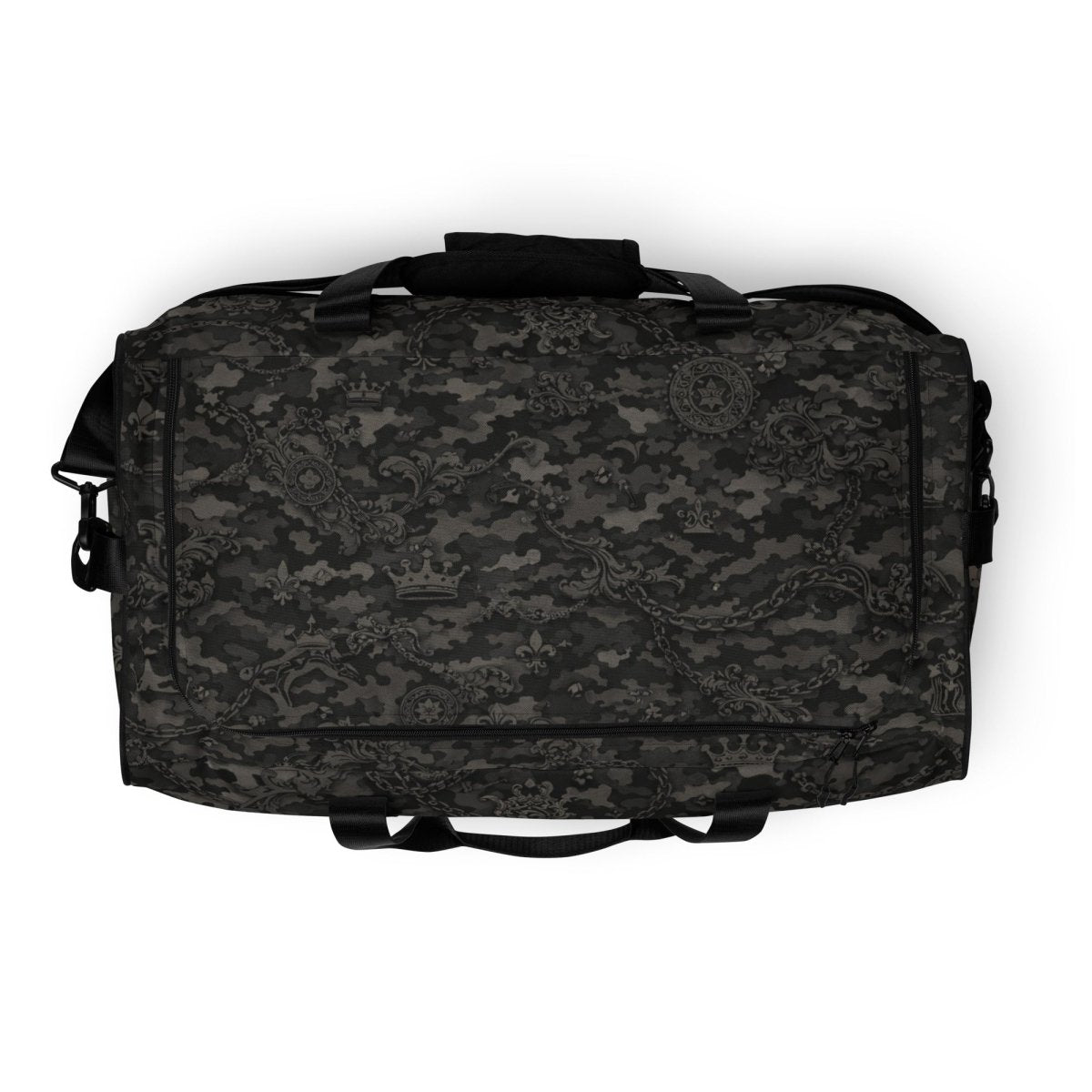 Black camo duffel bag with intricate crown and chain pattern, streetwear accessory